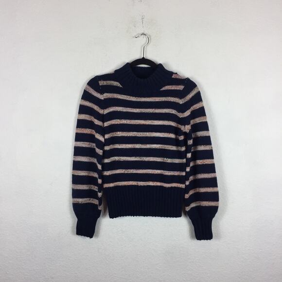 Madewell Blue Striped Wool Sweater XXS Metcalf Mockneck Balloon Sleeve Chunky - Picture 3 of 12